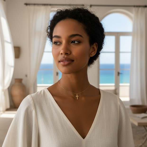 18K Gold Cross Necklace at 39cm choker length