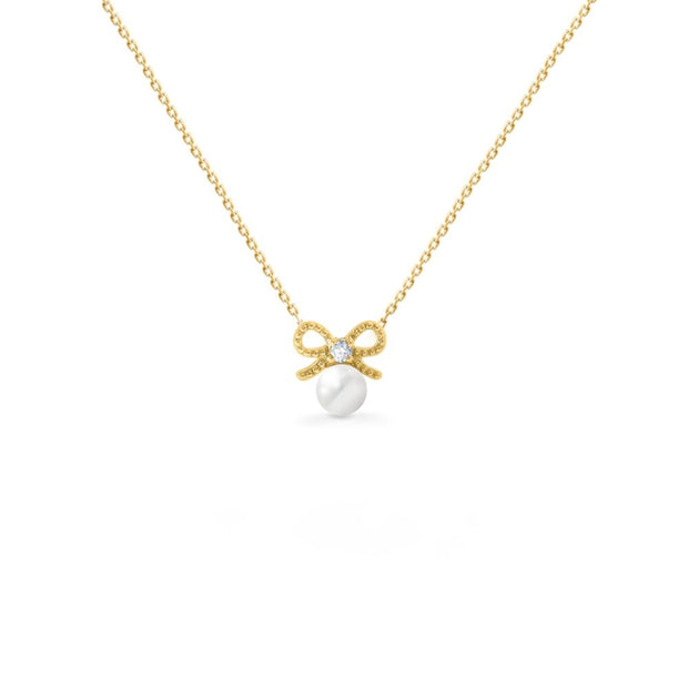 18K Gold Pearl Bow Diamond Baby Necklace | Bellamare Jewelry
