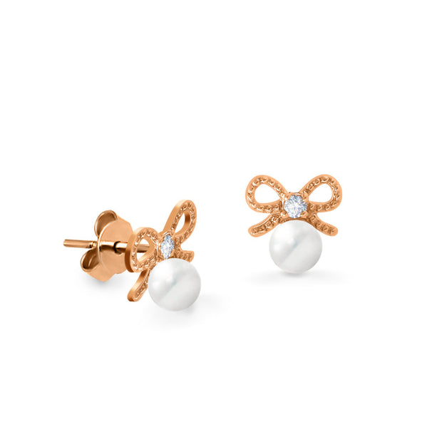18K Gold Pearl Bow Diamond Baby Earrings | Bellamare Jewelry