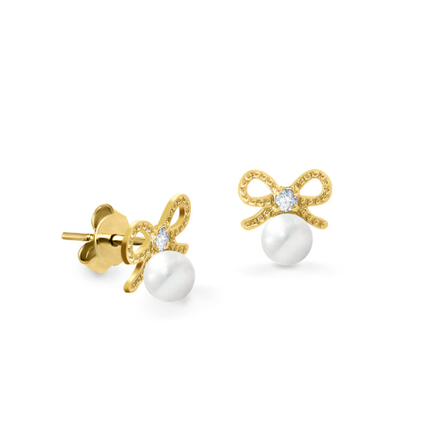 18K Gold Pearl Bow Diamond Baby Earrings | Bellamare Jewelry