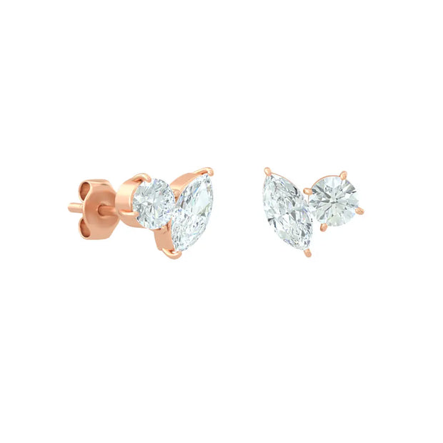 18K Gold Two-Stone Diamond Earrings | Round & Marquise | Bellamare Jewelry