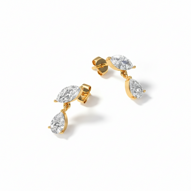 18K Gold Pear-Stone Drop Diamond Earrings | Round & Marquise | Bellamare Jewelry