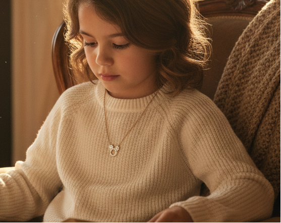Child reading with Mickey necklace