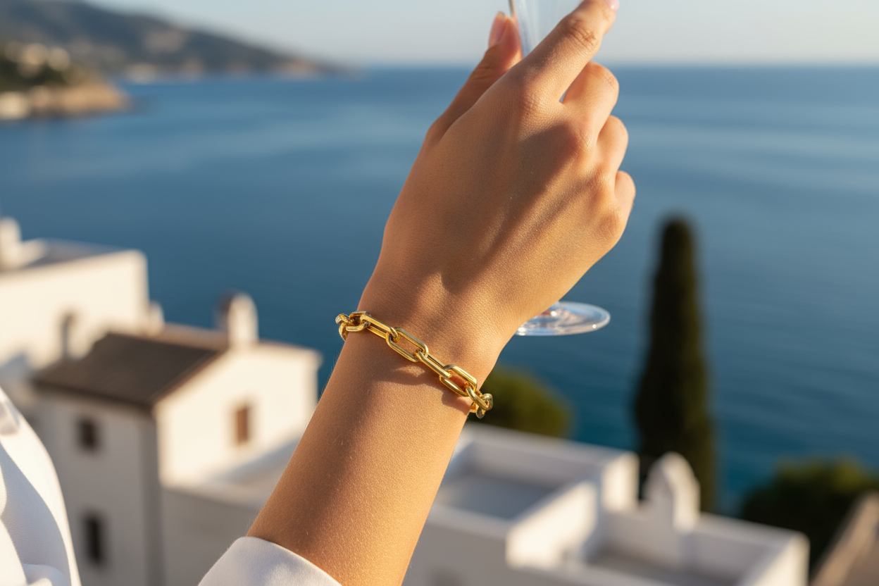 Close-up of woman wearing gold paperclip bracelet in Italy by the sea
