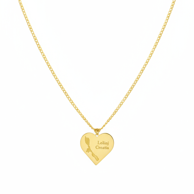 Gold necklace with heart pendant on white background