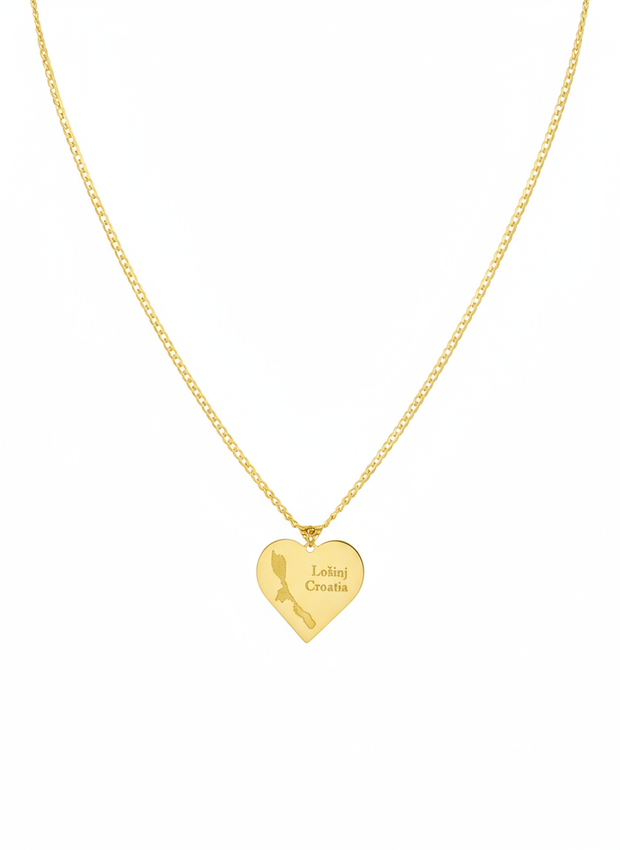 Gold necklace with heart pendant on white background