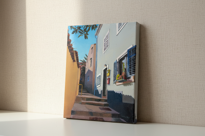Leaning against textured wall