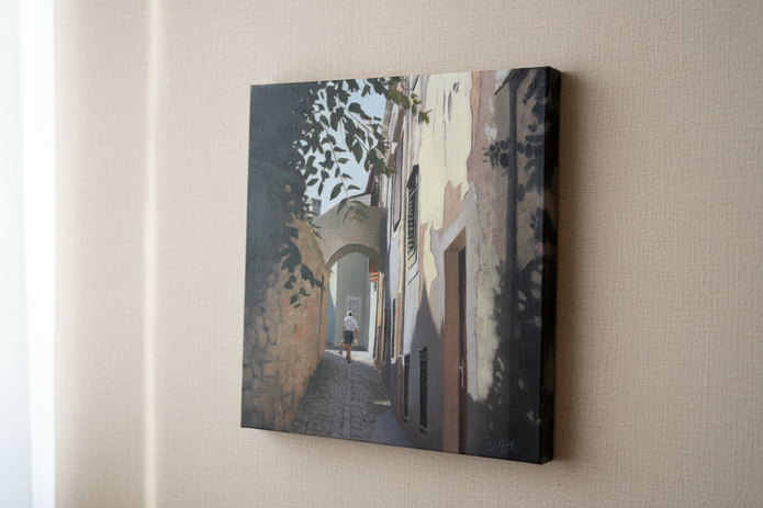 Leaning against textured wall