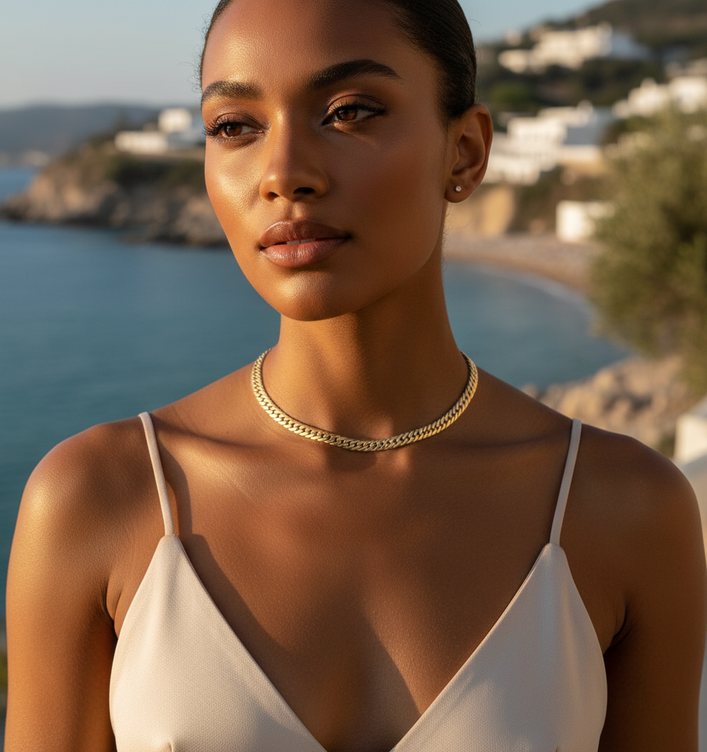 Lifestyle photo showing 45cm 5mm Cuban chain at correct shorter length