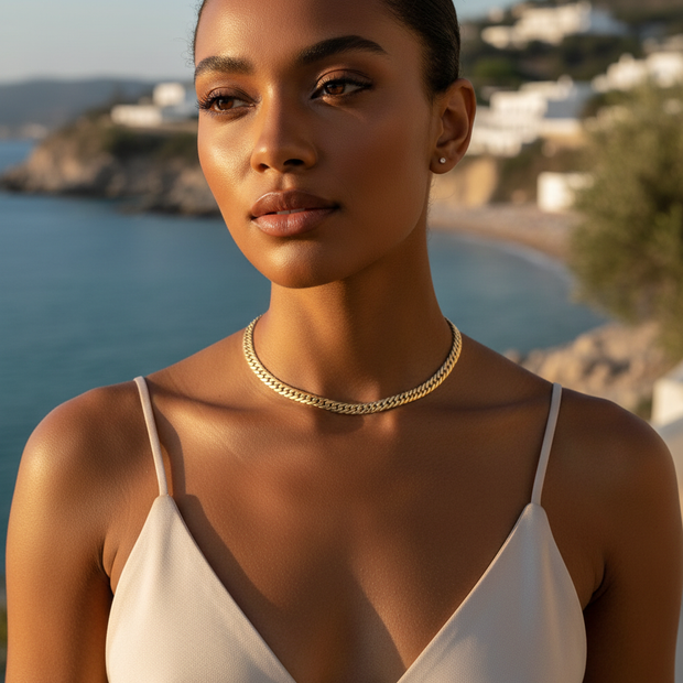Lifestyle photo showing 45cm 5mm Cuban chain at correct shorter length