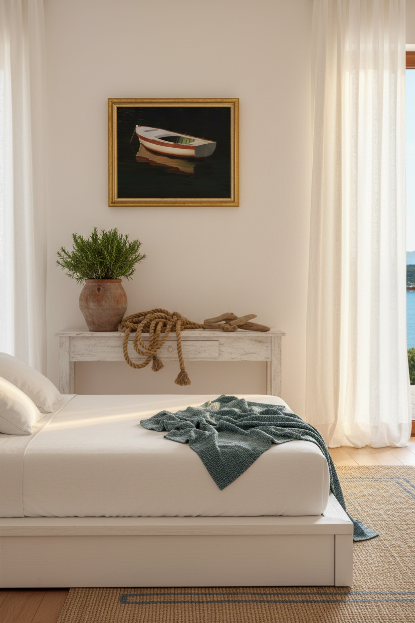 Lošinj coastal bedroom with boat painting