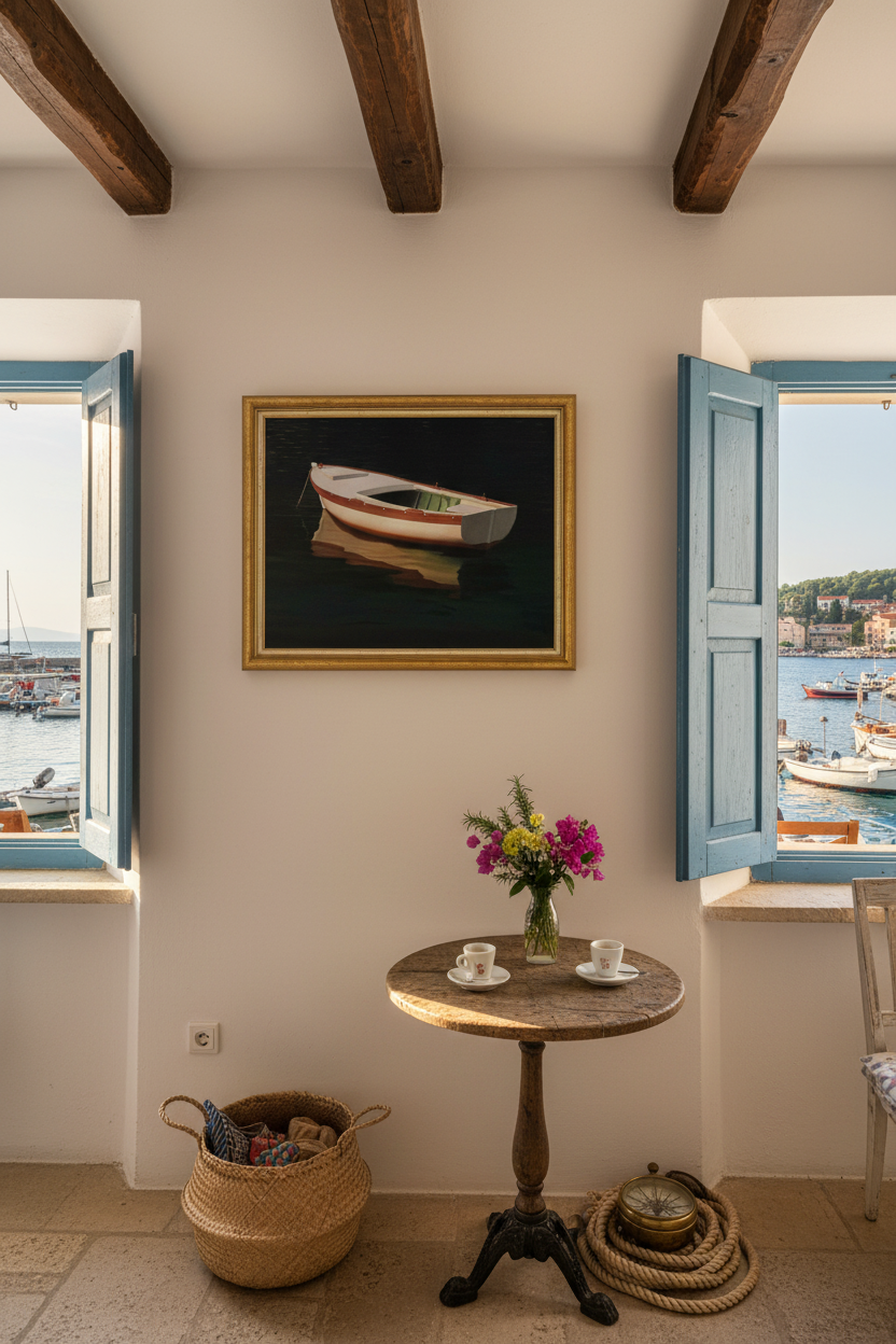 Lošinj harbor-side interior with boat painting