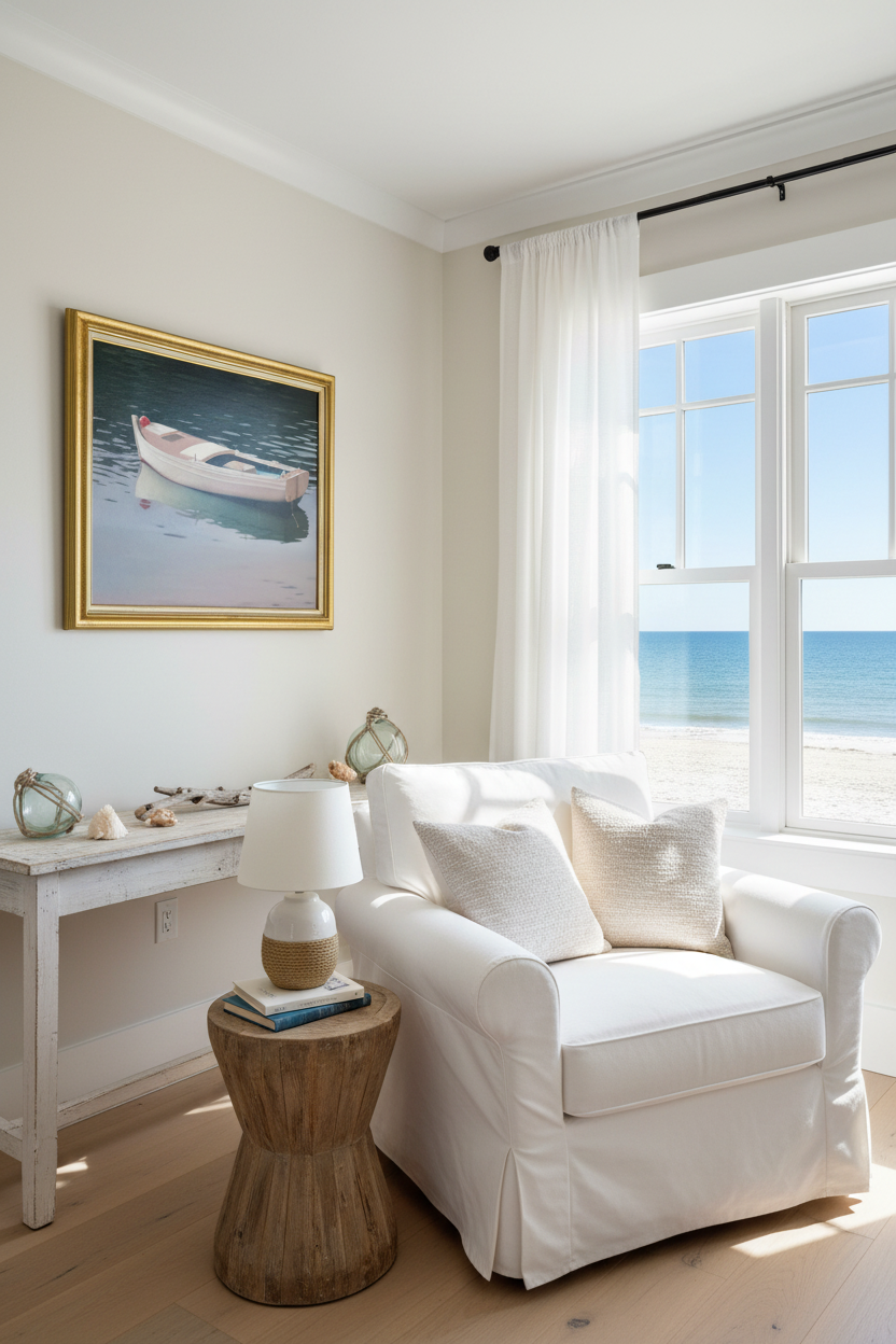 Painting in reading nook with beach view