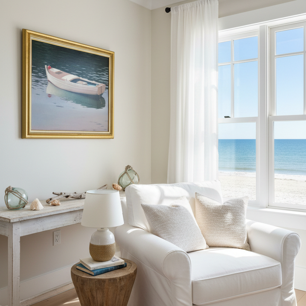 Painting in reading nook with beach view