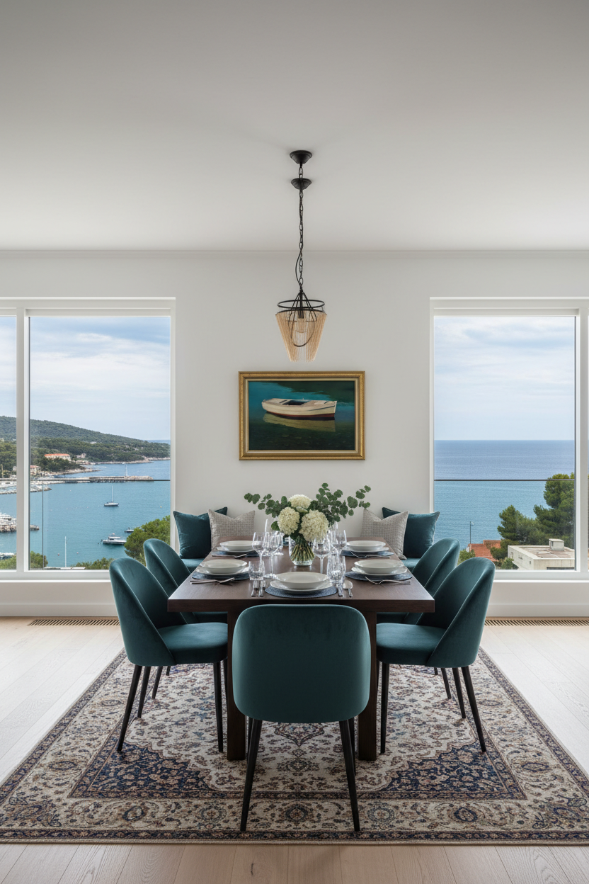Sophisticated dining area with coastal windows