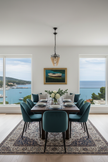Sophisticated dining area with coastal windows