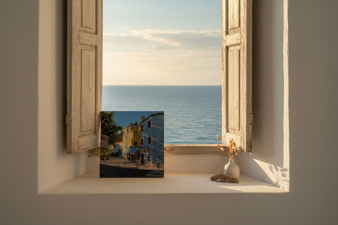 Unframed on windowsill